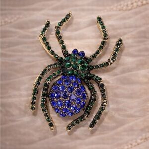 Gothic Spider Brooch with Blue & Green Crystals